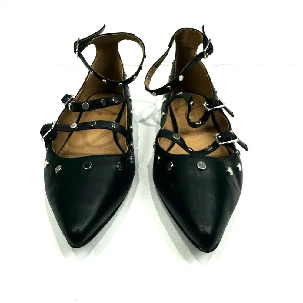 Topshop Women's Black Silver Studded Pointy Toe Strappy Flats Sz 5/38
